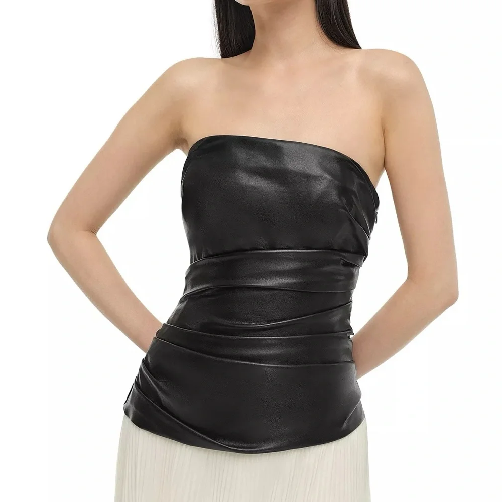 NWT SIMKHAI Arie Leather Crepe Strapless Chic Dress Size 8 Holiday Party Ready - Picture 11 of 13